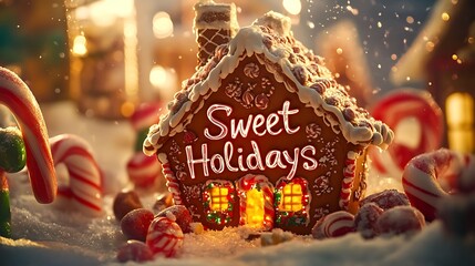 24. A playful scene of a gingerbread house surrounded by candy with "Sweet Holidays" written in bold script
