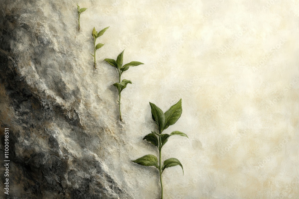 Poster a serene image of green leaves emerging from a rocky surface, symbolizing resilience and growth amid