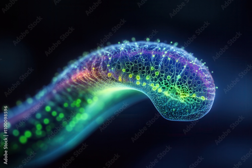 Poster a vibrant, abstract representation of a flowing, organic shape with colorful, glowing patterns again