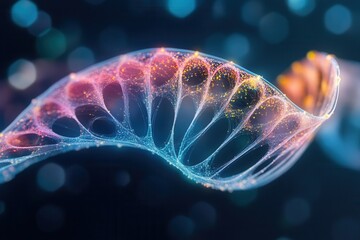 A vibrant, swirling pattern resembling a DNA strand, illuminated with colorful hues against a dark background, creating a mesmerizing visual effect.