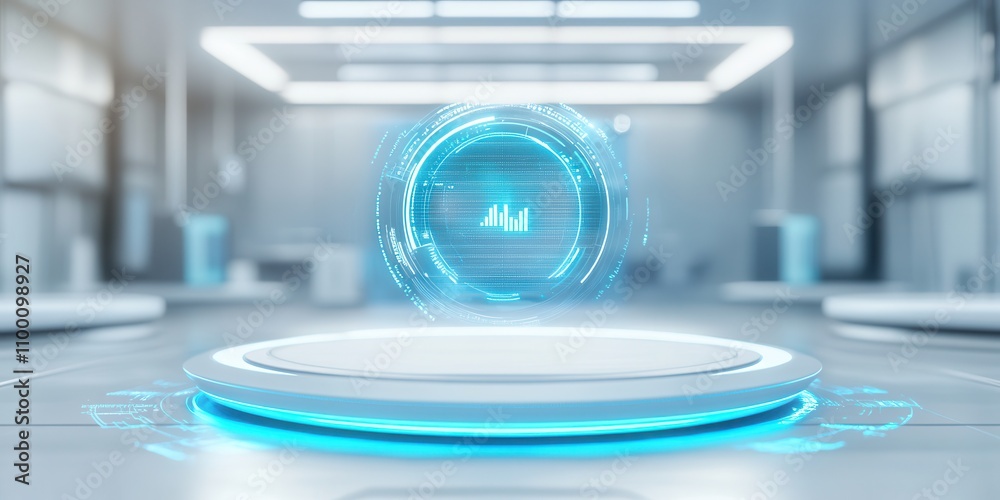 Poster A futuristic display with a holographic interface hovering above a circular platform in a modern, well-lit environment.