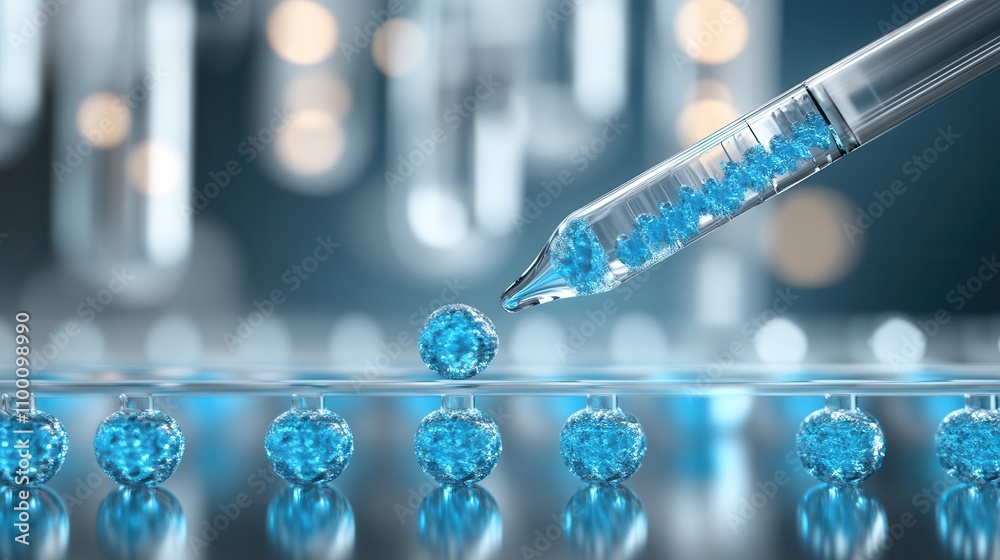 Poster a close-up of a pipette dispensing blue droplets onto a reflective surface, surrounded by laboratory