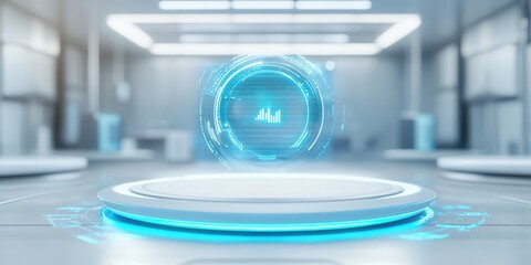 A futuristic display with a holographic interface hovering above a circular platform in a modern, well-lit environment.