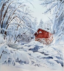 Watercolor winter landscape with a house in the forest