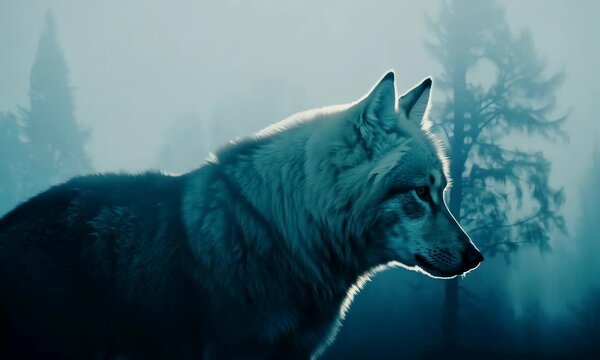 Double exposure of a wolf silhouette and a foggy forest creating an artistic image