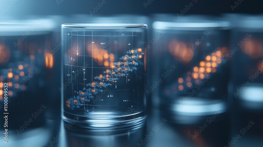 Poster A futuristic image depicting glass containers with glowing data patterns, suggesting themes of technology and molecular structures.