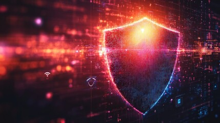 Obraz premium A digital shield symbolizing cybersecurity amidst a vibrant data background.