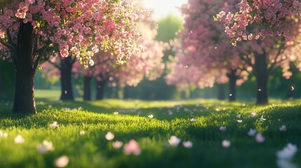 Fototapeta premium Blossoming Pink Trees in a Sunny Spring Meadow