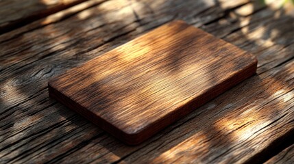 A wooden card rests on a textured table, illuminated by soft natural light.