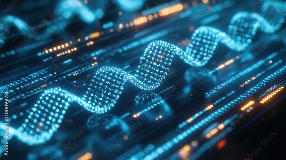 Poster A digital visualization of data represented as a wave, featuring glowing blue dots and lines against a dark background, embodying technology and innovation.