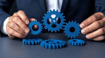 An entrepreneur's hands assembled gears symbolize innovation and problem-solving.