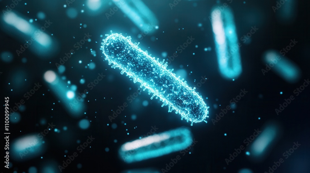 Poster a glowing blue bacterium floating in a dark background, representing microscopic life and the intric