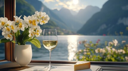Cozy lake view with wine and cheese arrangement