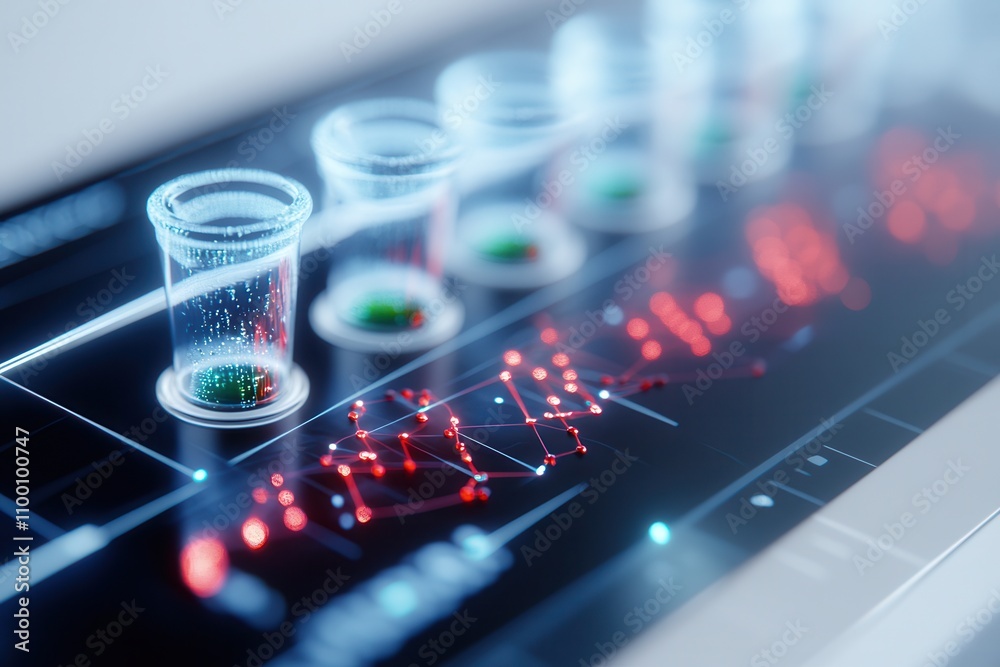 Poster A futuristic laboratory scene featuring transparent containers on a digital interface with glowing data visualizations representing scientific analysis.