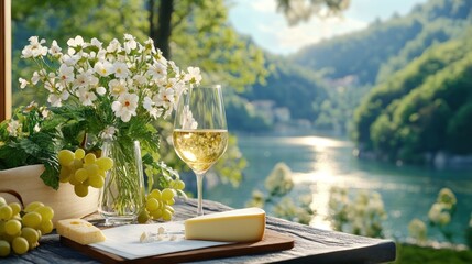Lakeside picnic with wine, cheese, and grapes.