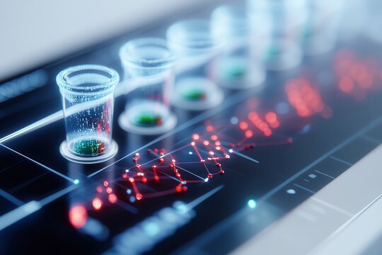 A futuristic laboratory scene featuring transparent containers on a digital interface with glowing data visualizations representing scientific analysis.