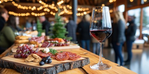 Fototapeta premium Wine tasting event cozy bar glass of red wine rustic table warm atmosphere culinary experience