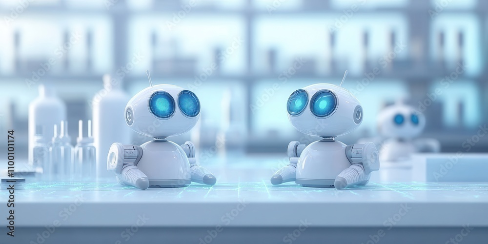 Poster two cute robots with blue eyes sit on a lab table surrounded by glassware, creating a futuristic, sc