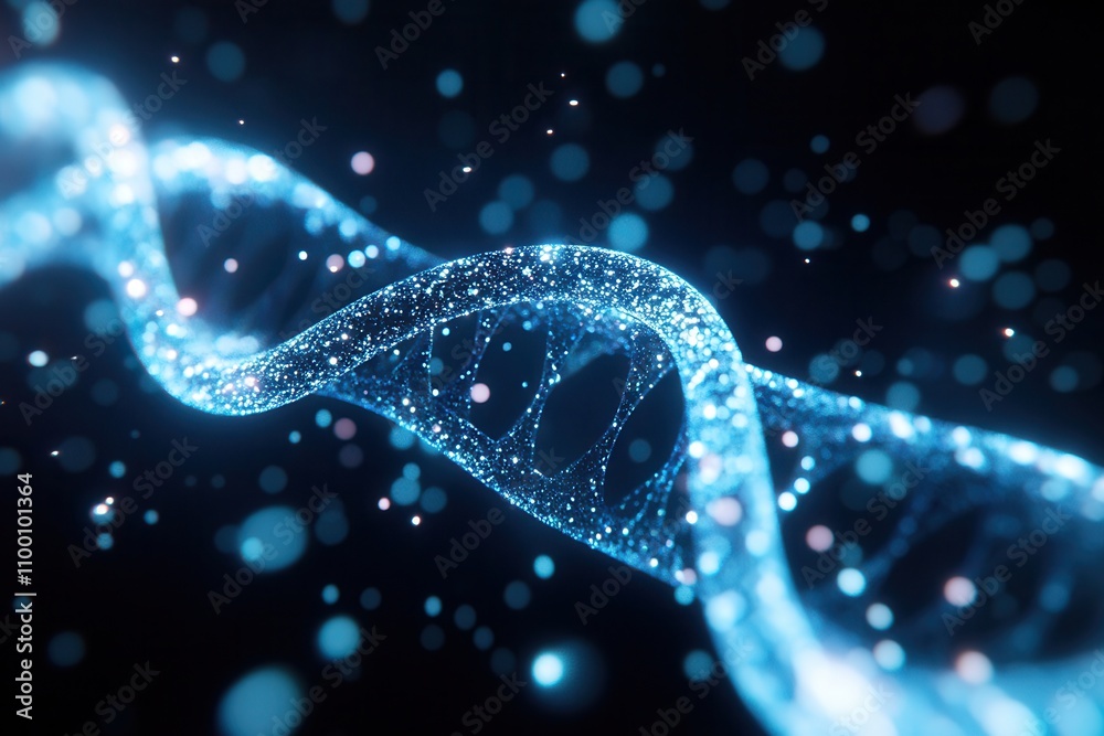 Poster A glowing, abstract representation of a DNA double helix, showcasing intricate patterns and vibrant colors against a dark background.