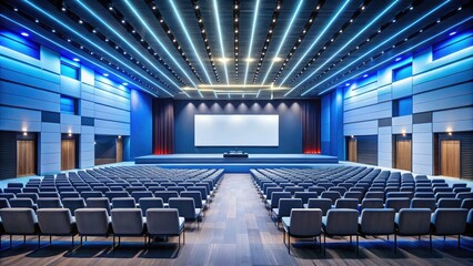 Fototapeta premium Spacious auditorium with a large screen, perfect for product photography, corporate events, conferences, and business presentations, featuring a clean, modern aesthetic and empty seats.
