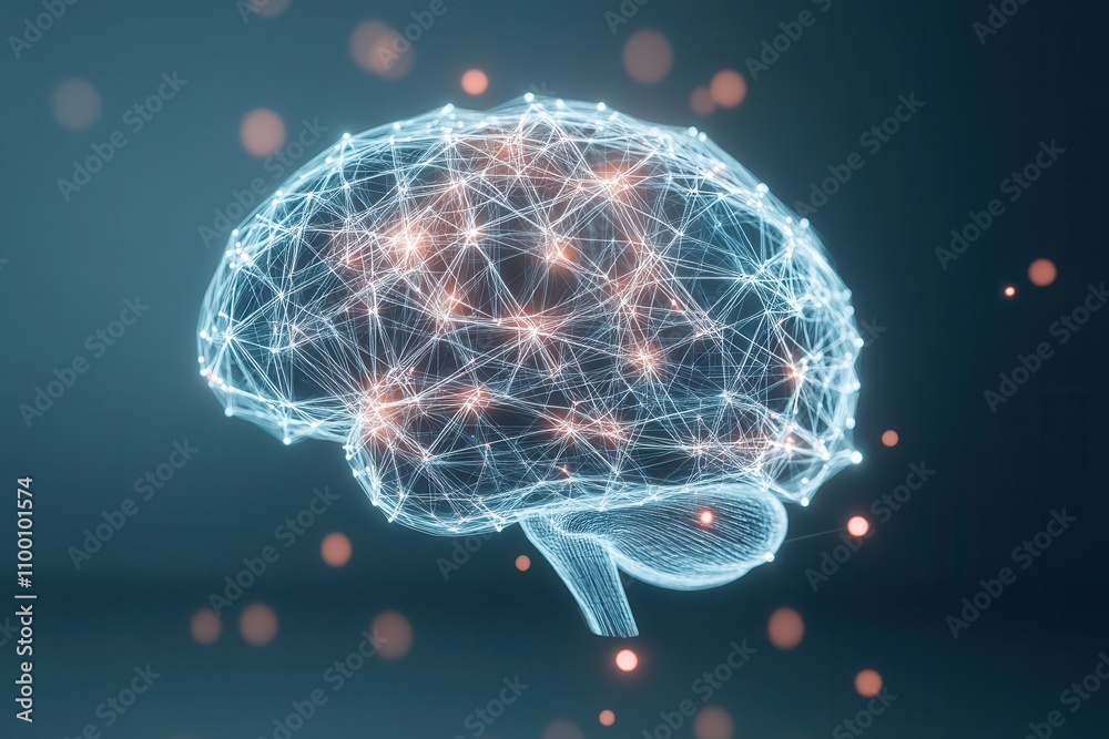 Poster A digital representation of a brain, interconnected with glowing nodes, symbolizing neural networks and advanced technology.