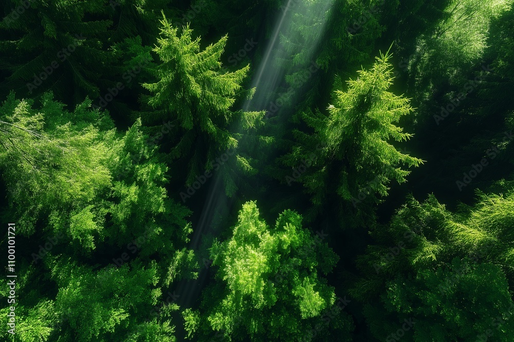 Poster a dense forest viewed from above with sunlight breaking through the canopy in beams