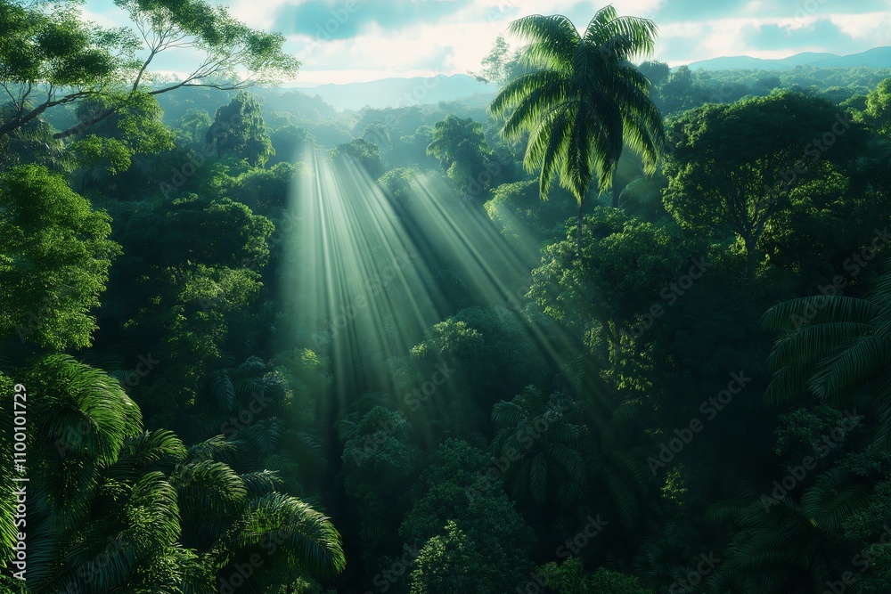 Poster a dense forest viewed from above with sunlight breaking through the canopy in beams