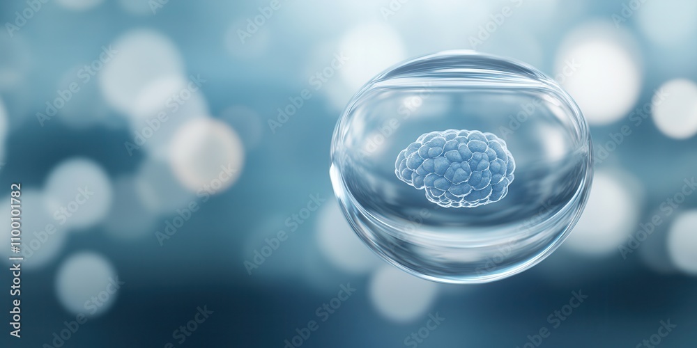 Aufkleber a microscopic view of a single cell in a clear bubble, surrounded by soft blue bokeh lights, evoking