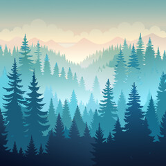 Fototapeta premium Serene Mountain Landscape With Lush Pine Forest at Dawn