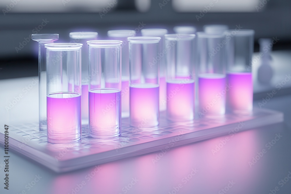 Poster A set of test tubes with a gradient of purple liquid, placed on a lab tray, reflecting a scientific experiment in a laboratory setting.