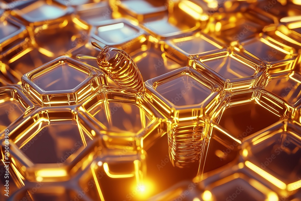 Poster close-up of intricate honeycomb patterns glowing with golden sunlight