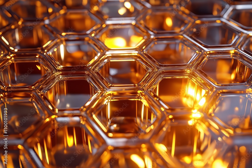 Poster close-up of intricate honeycomb patterns glowing with golden sunlight