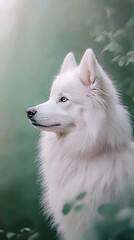 Obraz premium Majestic samoyed portrait green nature background animal photography