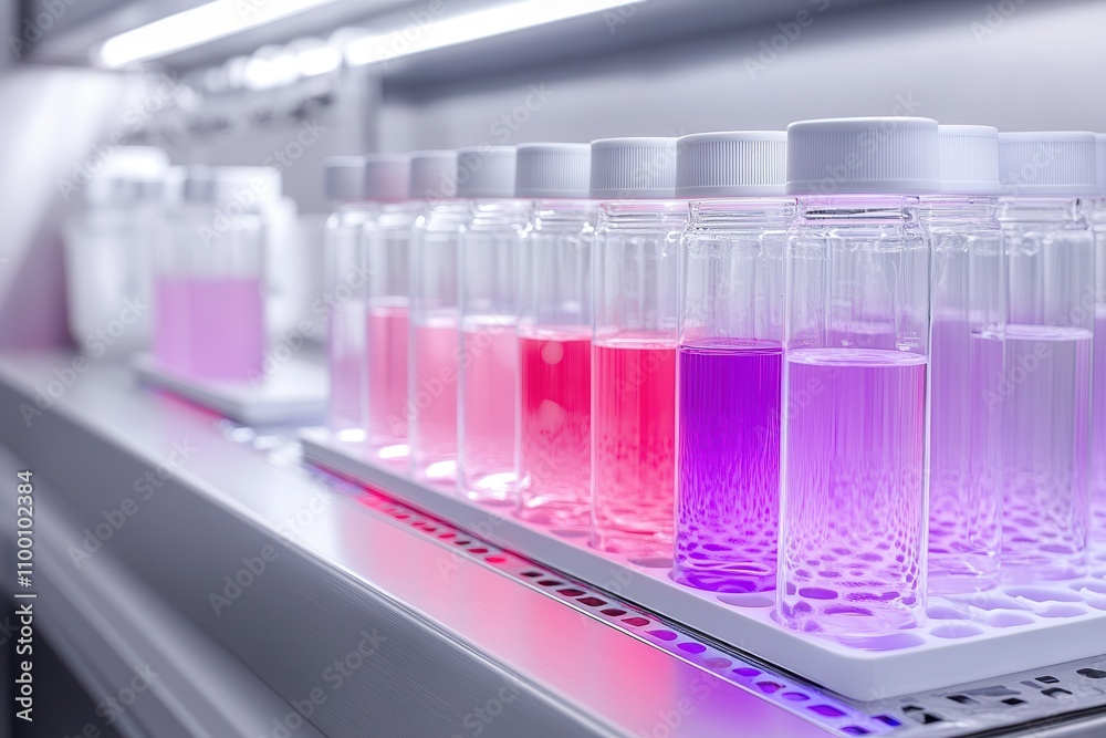 Poster a row of glass containers filled with vibrant colored liquids, illuminated under artificial lights, 