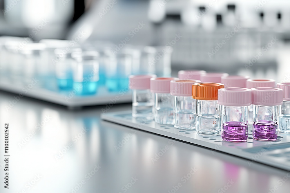 Poster a laboratory setting with glass vials containing various colored liquids, showcasing a clean and org