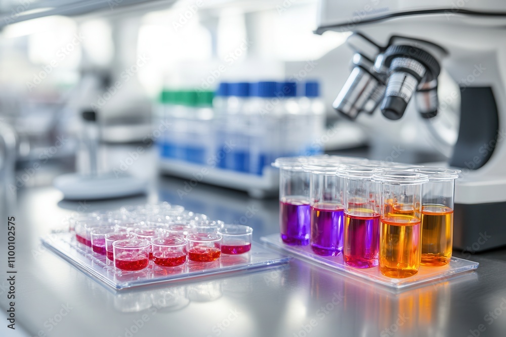 Aufkleber a laboratory scene showcasing colorful liquids in test tubes beside a microscope, highlighting scien