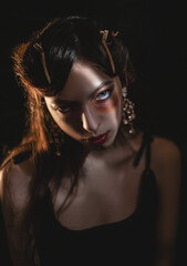 portrait of a girl with dark circles under her eyes and bright lipstick