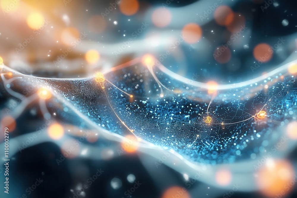 Poster a vibrant, abstract representation of flowing particles and light, conveying a sense of movement and