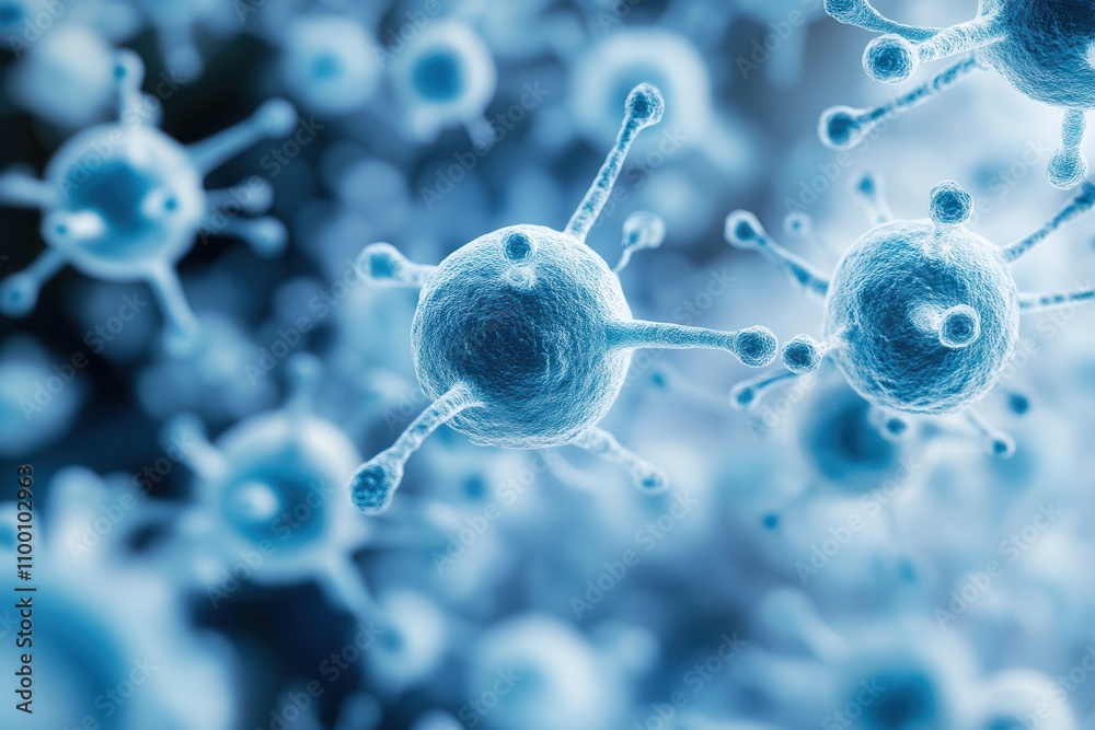 Poster A close-up view of microscopic cells, showcasing their intricate structures and connections in a vibrant blue hue against a blurred background.