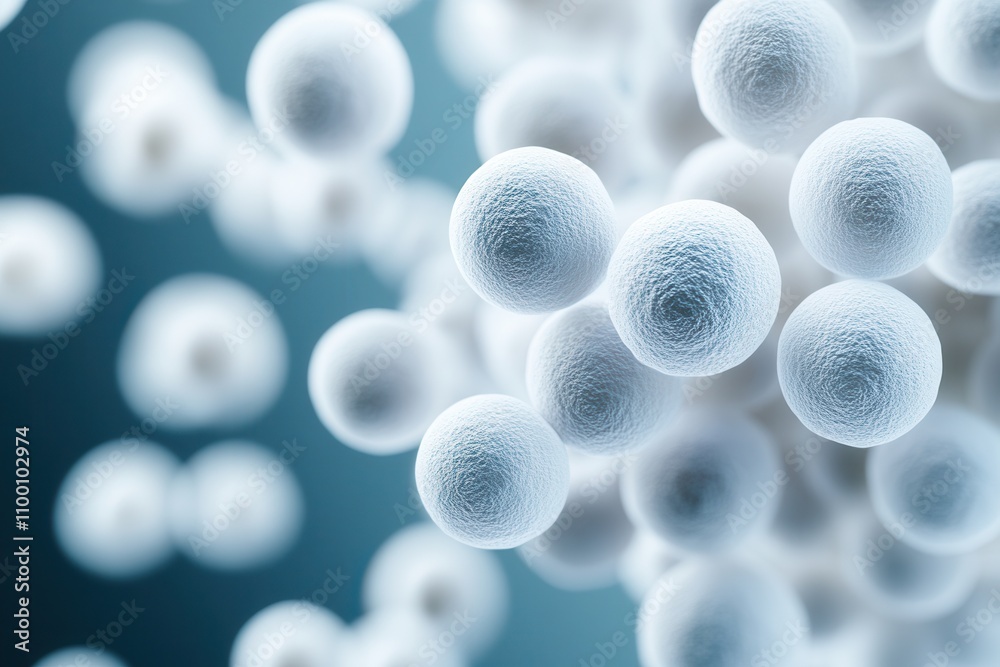 Poster A close-up view of spherical microorganisms, showcasing their intricate structures against a soft-focus background.