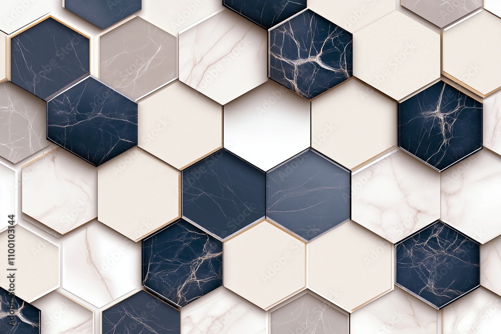Poster Perfectly aligned hexagons in muted shades of gray and beige with soft shadows