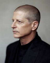 Obraz premium Portrait of a Thoughtful Man: A Study in Black and White, a Close-up Headshot of a Mature Male with a Short, Buzzed Hairstyle