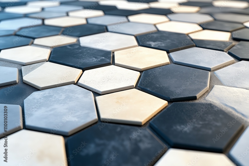 Poster perfectly aligned hexagons in muted shades of gray and beige with soft shadows