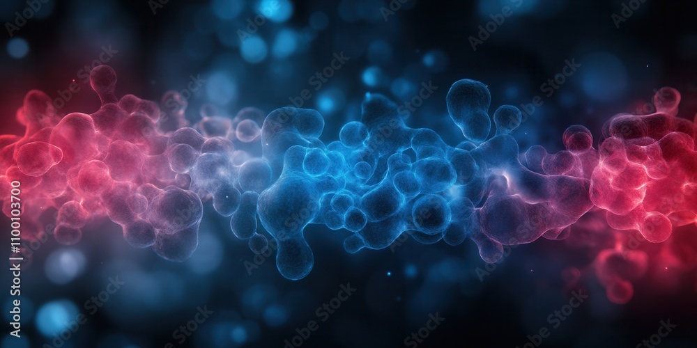 Poster a vibrant abstract representation of interconnected molecules, blending red and blue hues against a 