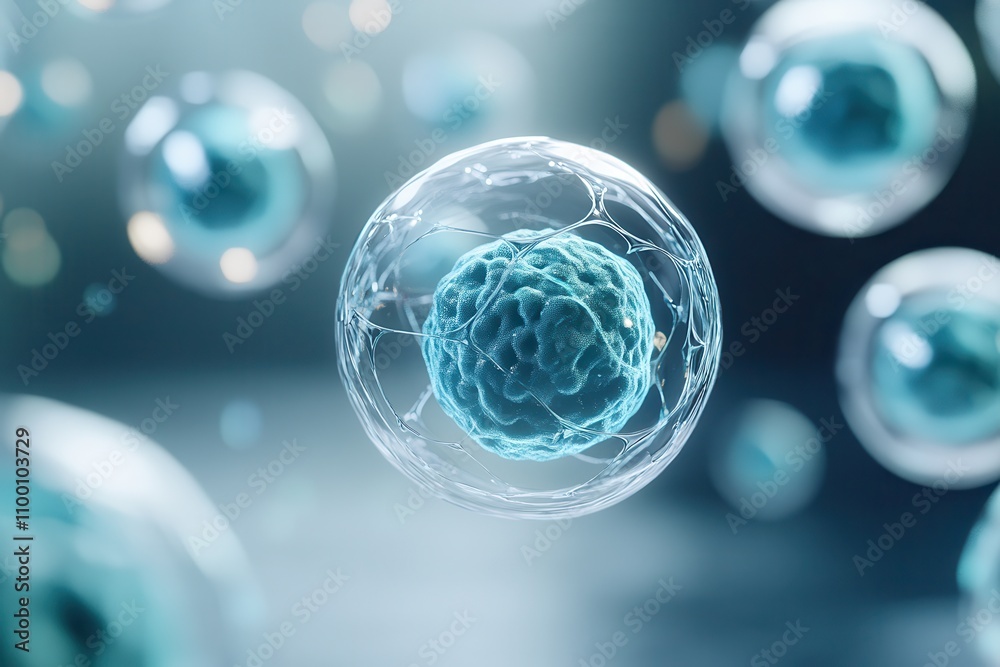 Poster A close-up view of spherical cells floating in a luminous background, showcasing their intricate structures and vibrant colors.