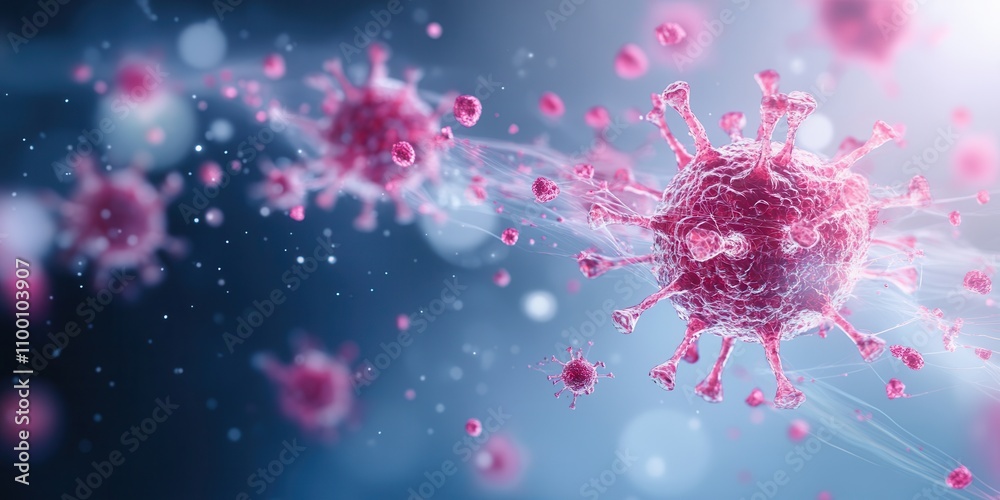 Poster a vibrant depiction of virus particles in a digital environment, showcasing their structure and inte