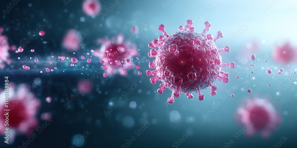 Poster a digital illustration of vibrant pink viruses floating in a blurred blue background, representing m