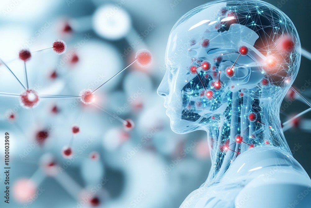 Poster a futuristic representation of a transparent humanoid figure, integrated with technology and surroun