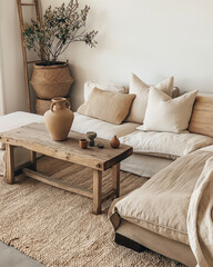 Minimalist interior design of modern living room, beige and white tones