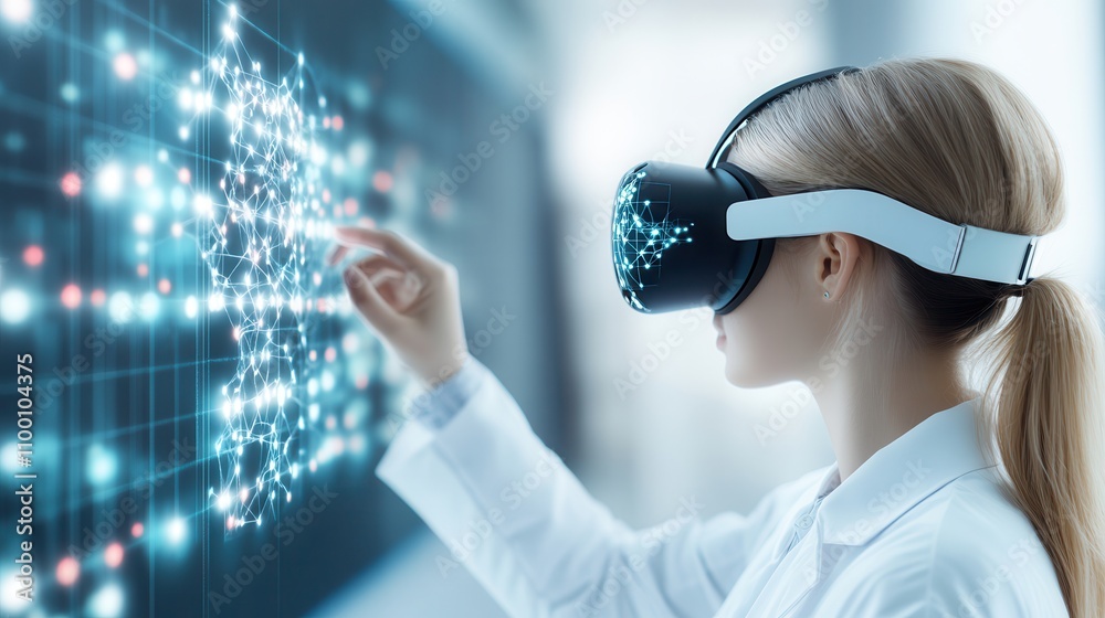 Poster A woman in a lab coat uses a VR headset to interact with digital data on a holographic display, showcasing advanced technology and virtual reality.